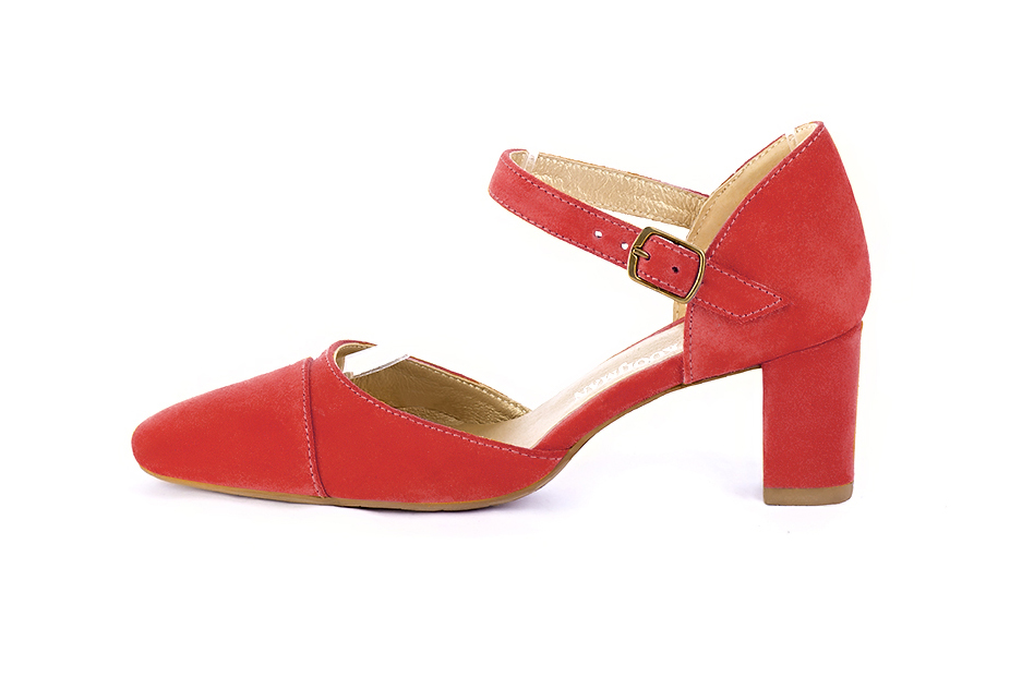 Scarlet red open side elegant shoes, with an instep strap. Round toe. Medium block heels. - Florence KOOIJMAN